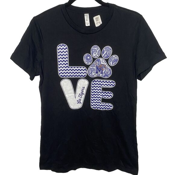 NWT University of Memphis Tigers T-Shirt Vinyl Short Sleeve Womens XL Black Blue - Picture 1 of 7